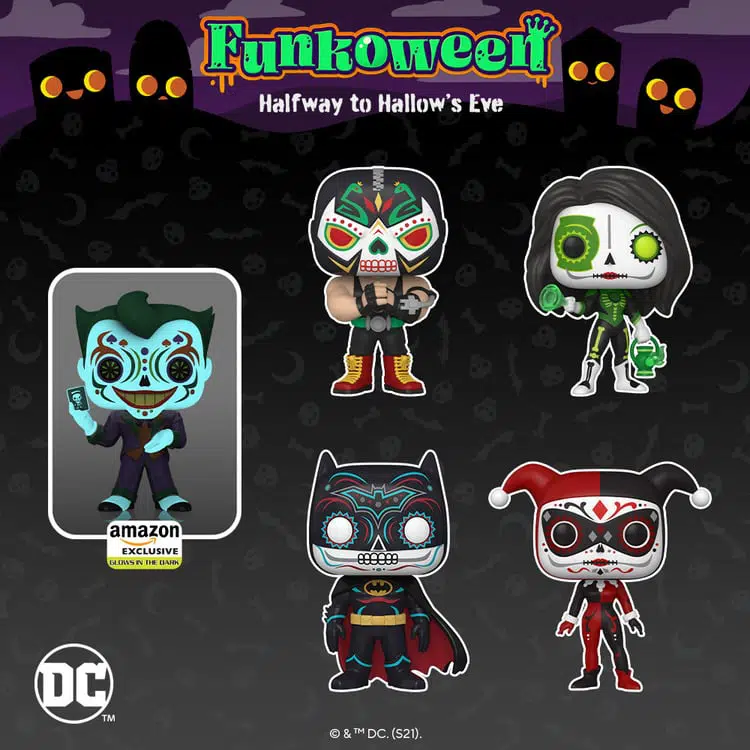 Funko Pop! DC Heroes: Dia de Los DC - Blue Beetle, Joker, Bane, Harley Quinn, Batman, Green Lantern (Jessica Cruz), Bane (Glow), Joker (Glow), and Batman (Glow) Funko Pop! Vinyl Figures - Funkoween 2021