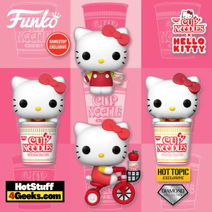 Funko Pop! Sanrio: Hello Kitty x Nissin -  Hello Kitty on Bike, in Noodle Cup, with Noodles and Fork and Noodle Cup Diamond Glitter Funko Pop! Vinyl Figures