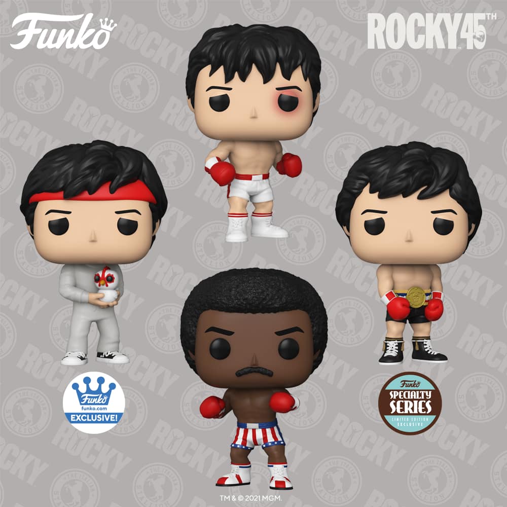 Funko Pop! Movies: Rocky Anniversary: Rocky Balboa, Apollo Creed, Training Rocky w/ Chicken, and Gold Title Rocky Funko Pop! Vinyl Figures