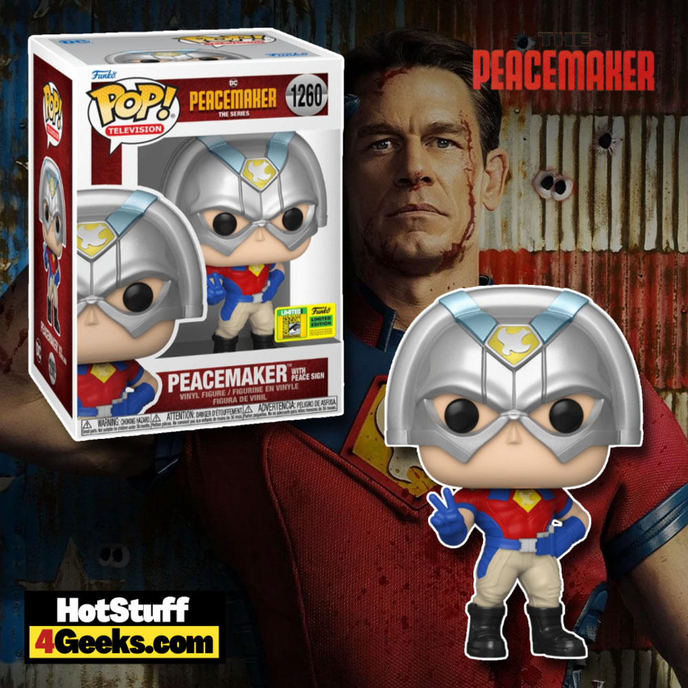 Funko Pop! Television: The Peacemaker – Peacemaker with Peace Sign Funko Pop! Vinyl Figure – San Diego Comic-Con (SDCC) 2022 and Funko Shop Exclusive
