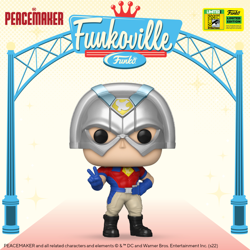 Funko Pop! Television: The Peacemaker – Peacemaker with Peace Sign Funko Pop! Vinyl Figure – San Diego Comic-Con (SDCC) 2022 and Funko Shop Exclusive