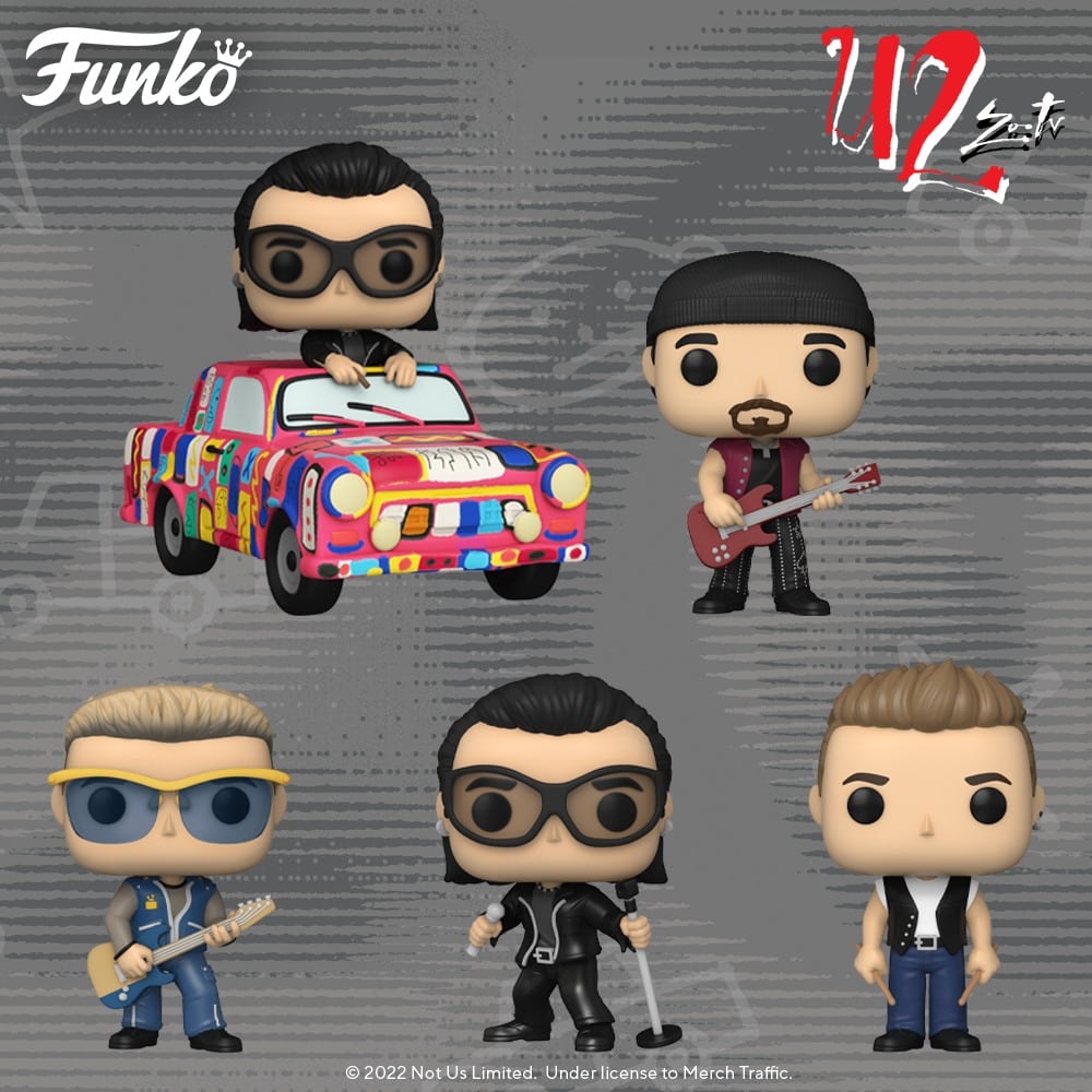 Funko Pop! Rocks: U2 - Zoo TV Tour (Achtung Baby): Bono, The Edge, Adam Clayton, and Larry, Achtung Baby Car With Bono and Achtung Baby Album With Edge Funko Pop! Vinyl Figures (2022)