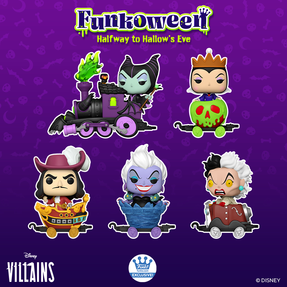 Funko Pop! Trains: Disney Villains Train Set: Maleficient in Engine, The Evil Queen, Captain Hook, Ursula, and Cruella De Vil Funko Pop! Train Vinyl Figures - Funko Shop Exclusive (Funkoween 2022 release)