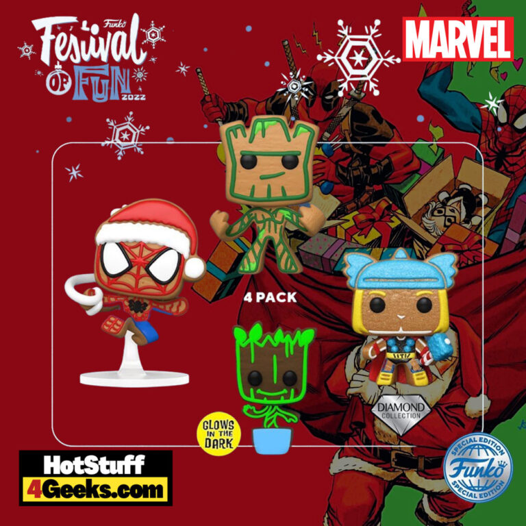 Funko Pop! Marvel Holiday: Gingerbread 4-Pack (Spider-man, Thor Diamond Gritter, Groot, and Groot Glow In The Dark) Funko Pop! Vinyl Figures - Exclusive (2022 release)