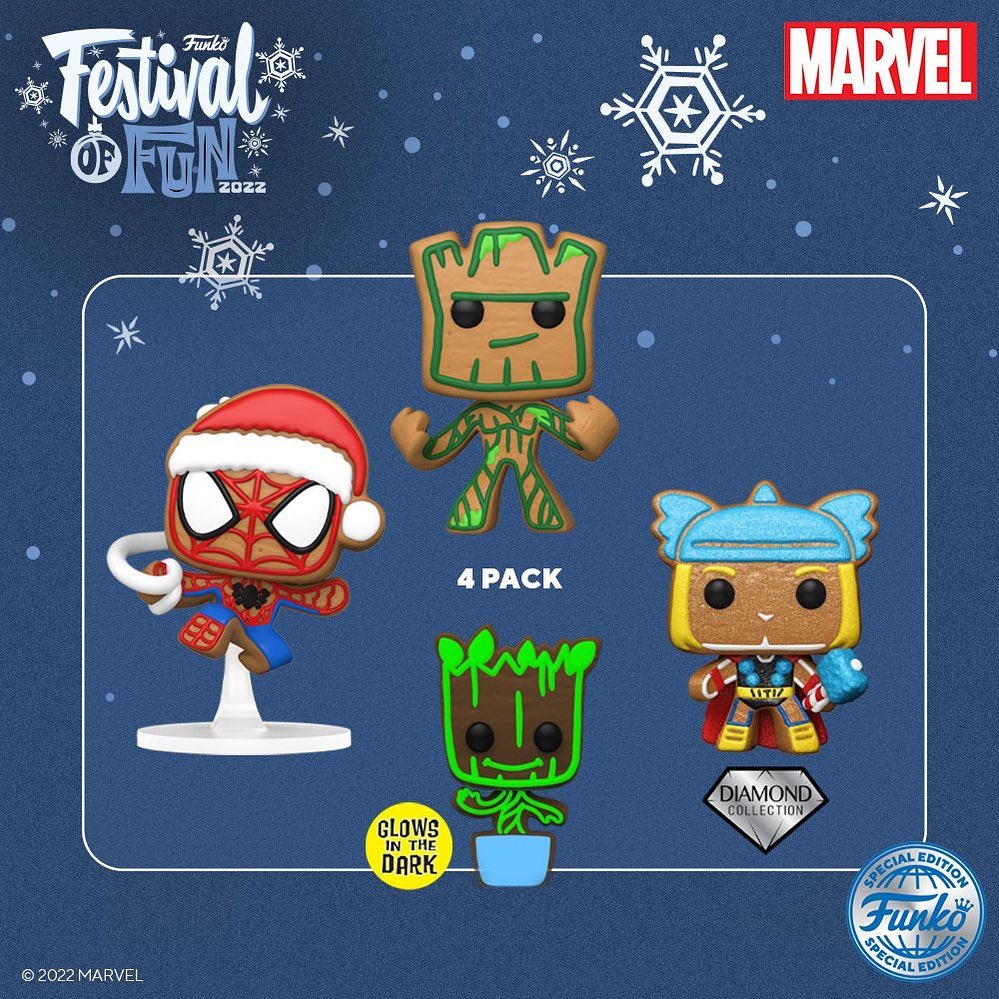 Funko Pop! Marvel Holiday: Gingerbread 4-Pack (Spider-man, Thor Diamond Gritter, Groot, and Groot Glow In The Dark) Funko Pop! Vinyl Figures - Exclusive