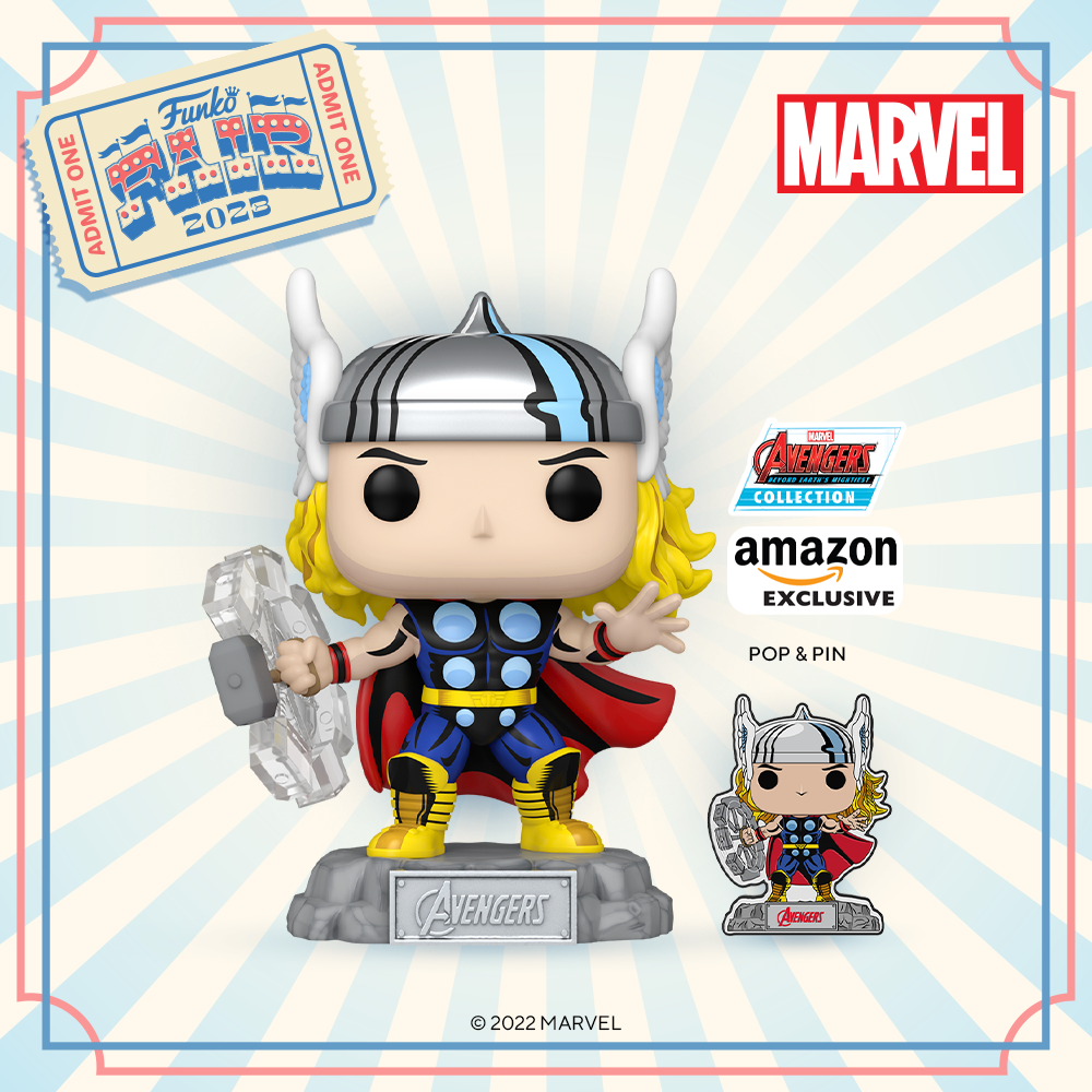 Funko Pop! & Pin: The Avengers: Earth’s Mightiest Heroes – 60th Anniversary – Comic Thor Funko POP! Vinyl Figure with Pin Set – Amazon Exclusive (Funko Fair 2023)