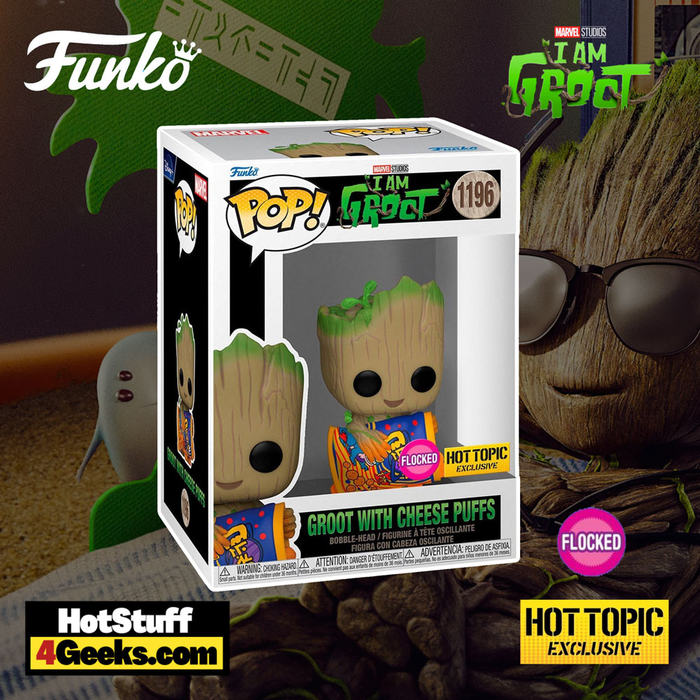 The Funko Pop! Marvel Studios: I Am Groot - Groot with Cheese Puffs Flocked Funko Pop! Vinyl Figure - Hot Topic Exclusive (Funko Fair 2023)