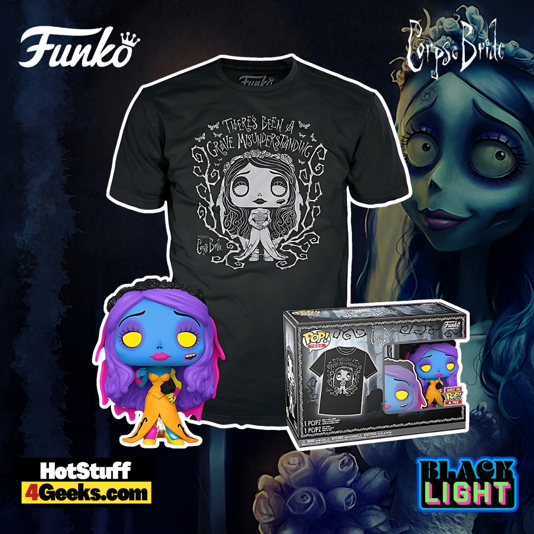 2023 NEW Corpse Bride: Emily (Black Light) Funko Pop! Tee Bundle