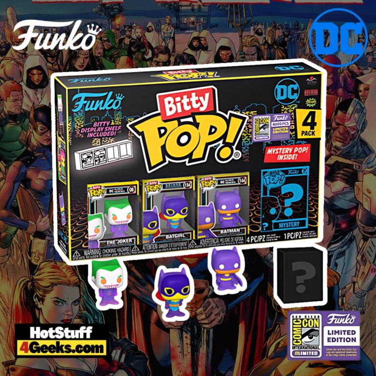 Funko POP! DC: Bitty Pop! 4-Pack Black Light Vinyl Figures (The Joker, Batgirl, Batman + Mystery Figure) – SDCC 2023 Exclusive