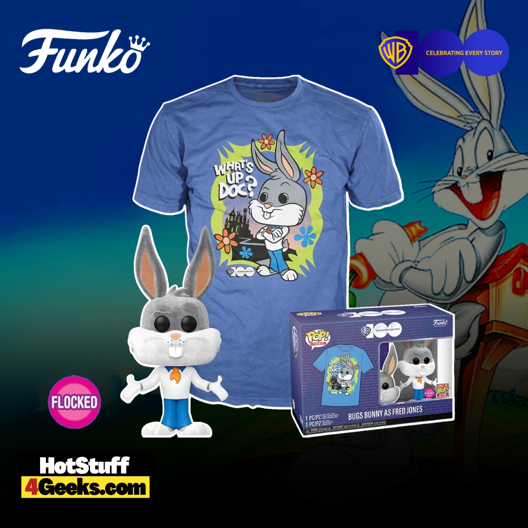 Funko Pop! Tee: Warner Bros. 100th Anniversary - Bugs Bunny as Fred Jones (Flocked) Funko Pop! Tee Vinyl Figure Bundle (2023 release)